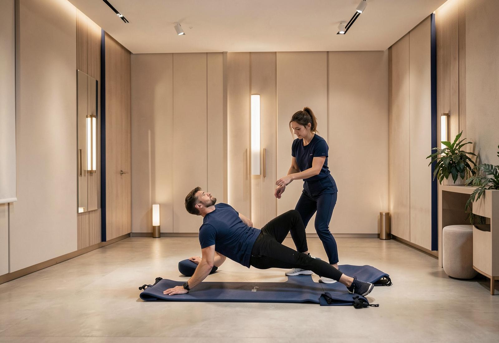 Practitioner guiding a client through a mobility movement